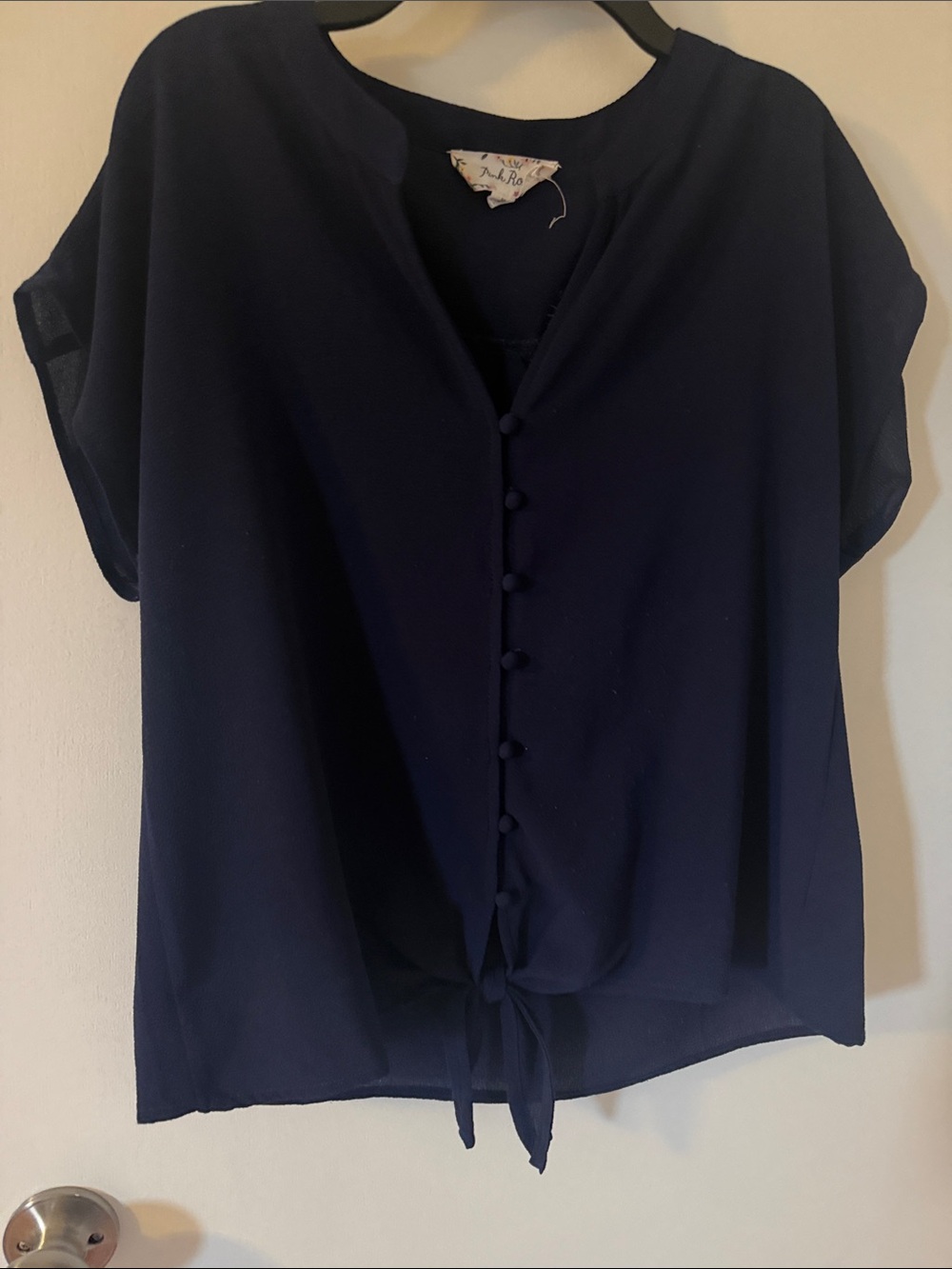 Pink Rose Navy Button-Front Tie Blouse
